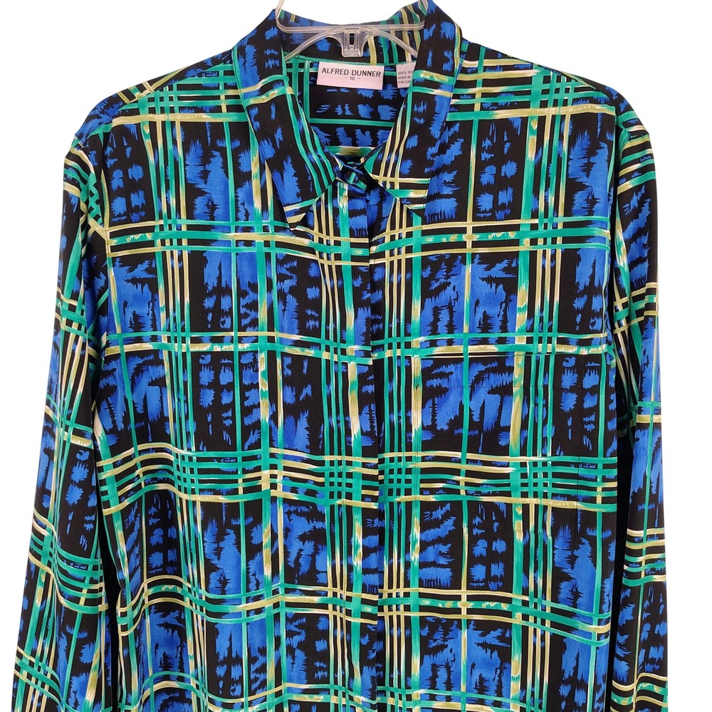 Vintage Alfred Dunner Womens SZ 16 Abstract Grid Blouse Blue Green Retro 90s